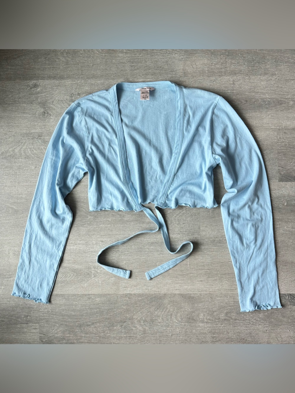 Y2K La Vie en Rose Light Blue Tie-Front Cropped Long Sleeve Crop Bolero Top